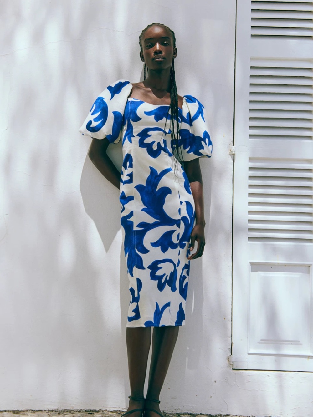 NWT Blue & White Floral Puff-Sleeve Midi Dress